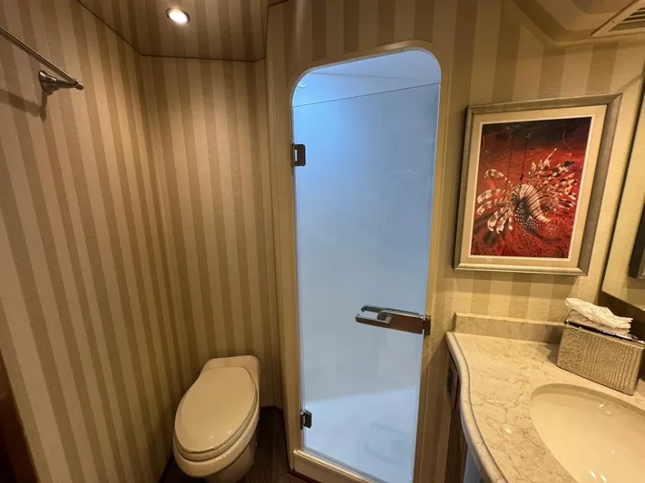 Dry Bones Yacht Photos Pics Bathroom interior of 2017 Viking 66 Enclosed Bridge yacht with striped walls and modern fixtures.