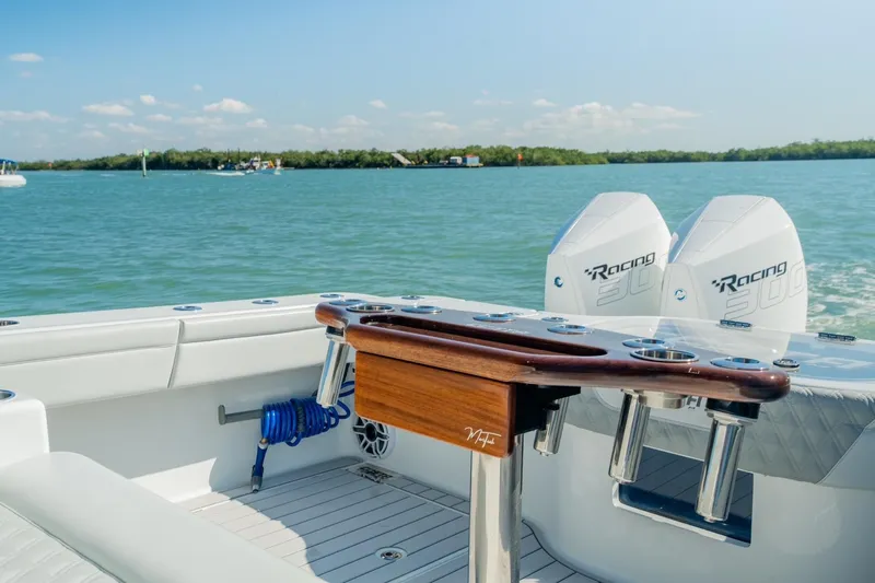  Yacht Photos Pics 2025 Costa Custom Boats 34 with dual Racing 300 engines on calm water.