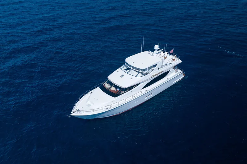 Outrageous Yacht Photos Pics 2005 Hatteras 80 Motor Yacht cruising on open blue sea.