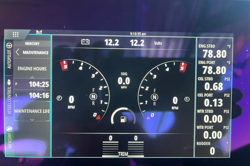 310 Bow Rider Yacht Photos Pics Dashboard display of a 2021 Formula 310 Bowrider I/O boat showing engine metrics.
