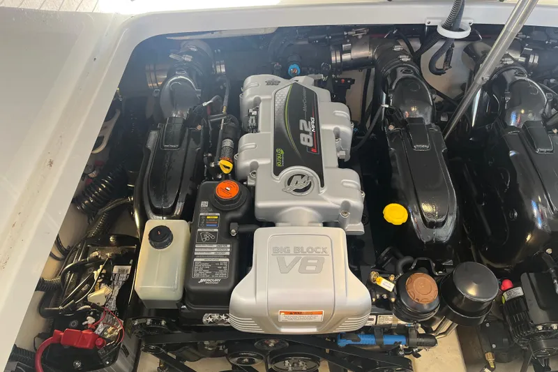 310 Bow Rider Yacht Photos Pics Engine compartment of a 2021 Formula 310 Bowrider I/O with a powerful V8 engine.