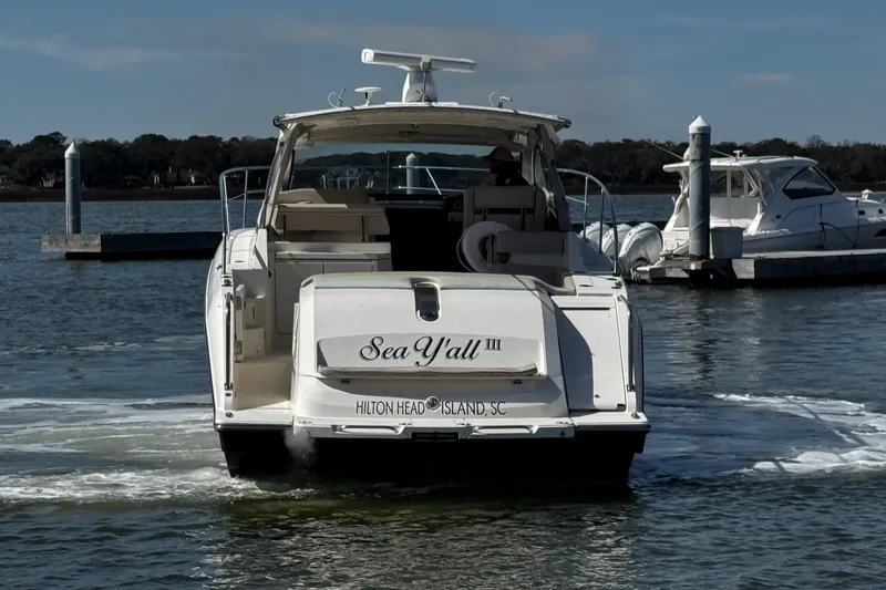 Sea Y'all III Yacht Photos Pics 2014 Pursuit SC 365i Sport Coupe boat docked at Hilton Head Island marina.