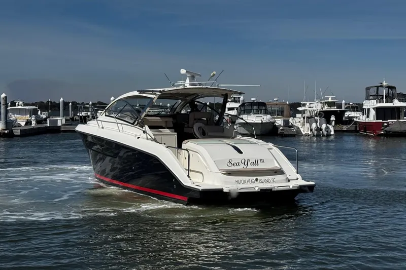 Sea Y'all III Yacht Photos Pics 2014 Pursuit SC 365i Sport Coupe yacht docked at marina, Hilton Head Island.