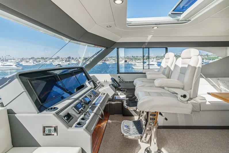 True North Yacht Photos Pics Interior of 2020 Maritimo M59 yacht with luxurious helm and panoramic windows.