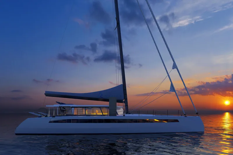  Yacht Photos Pics Luxury Balance 750 yacht sailing at sunset, 2027 model, serene ocean view.
