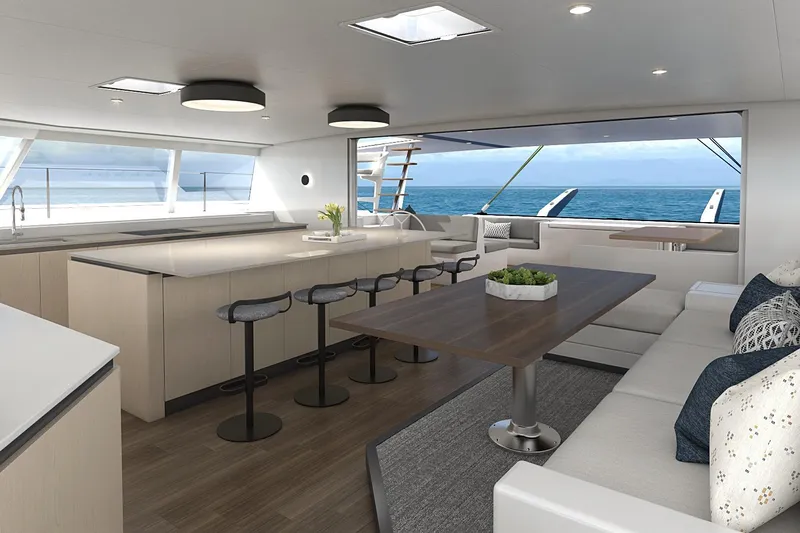  Yacht Photos Pics Luxurious interior of 2027 Balance 750 yacht with modern kitchen and ocean view.