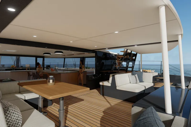  Yacht Photos Pics Luxurious interior of 2027 Balance 750 yacht with modern furnishings and ocean view.