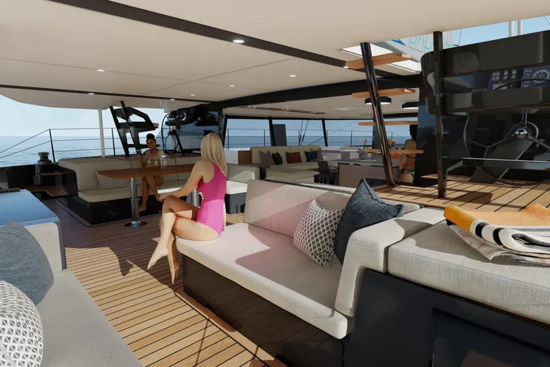  Yacht Photos Pics Luxurious interior of 2027 Balance 750 yacht with modern seating and ocean view.