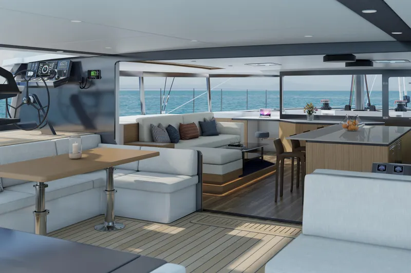  Yacht Photos Pics Luxurious interior of 2027 Balance 750 yacht with modern seating and ocean view.