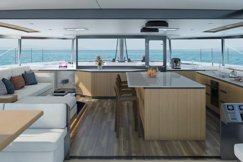  Yacht Photos Pics Luxurious interior of 2027 Balance 750 yacht with modern kitchen and ocean view.