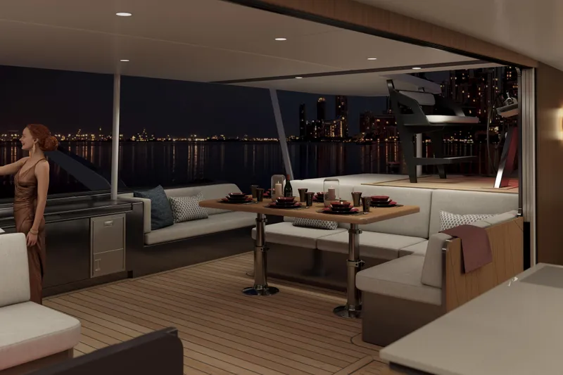  Yacht Photos Pics Luxurious Balance 750 yacht interior, 2027 model, featuring elegant dining area and city skyline view.