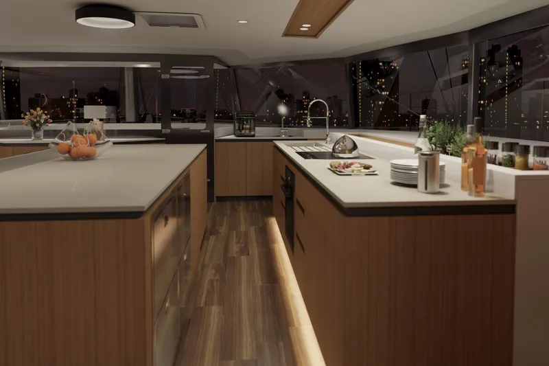  Yacht Photos Pics Luxurious modern kitchen interior on Balance 750 yacht, 2027 model, with city skyline view.