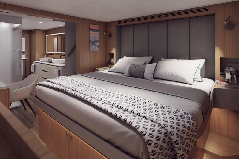  Yacht Photos Pics Luxurious bedroom interior of Balance 750 yacht, 2027 model, featuring modern design and cozy ambiance.