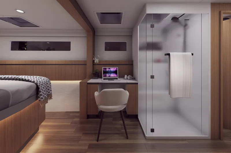  Yacht Photos Pics Modern yacht interior with desk, chair, and glass shower; Balance 750, 2027 model.