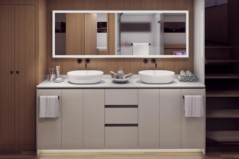  Yacht Photos Pics Modern bathroom vanity with dual sinks, large mirror, and wooden accents in a Balance 750 model, 2027.