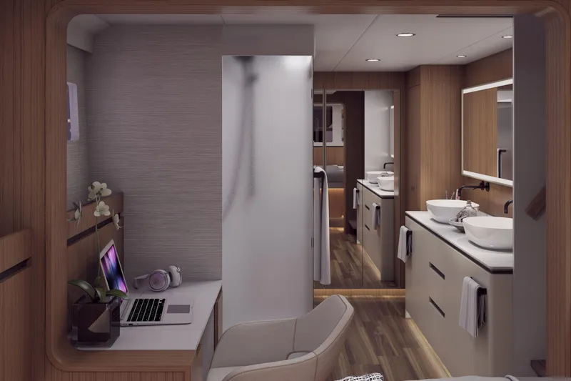  Yacht Photos Pics Luxurious Balance 750 yacht interior, featuring modern design with wood accents and elegant fixtures, 2027 model.