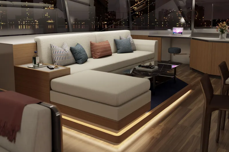  Yacht Photos Pics Luxurious interior of Balance 750 yacht, 2027 model, featuring modern seating and elegant decor.