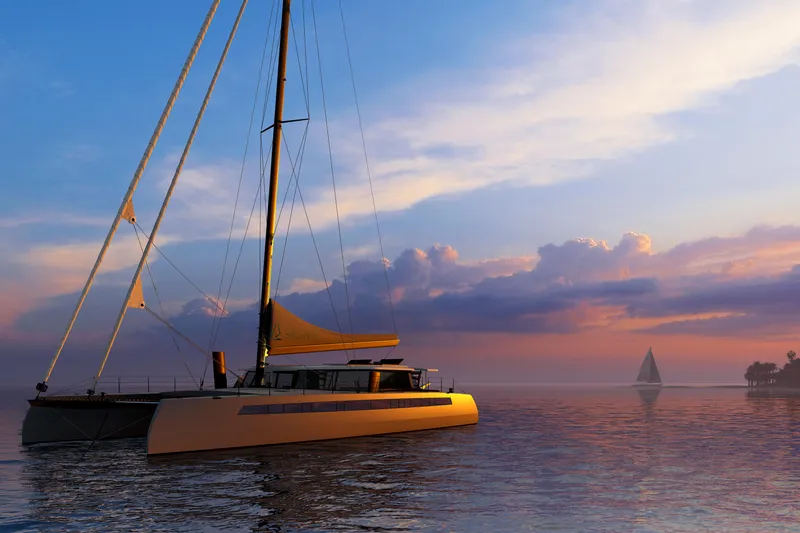  Yacht Photos Pics Luxury Balance 750 catamaran sailing at sunset, 2027 model, tranquil ocean scene.