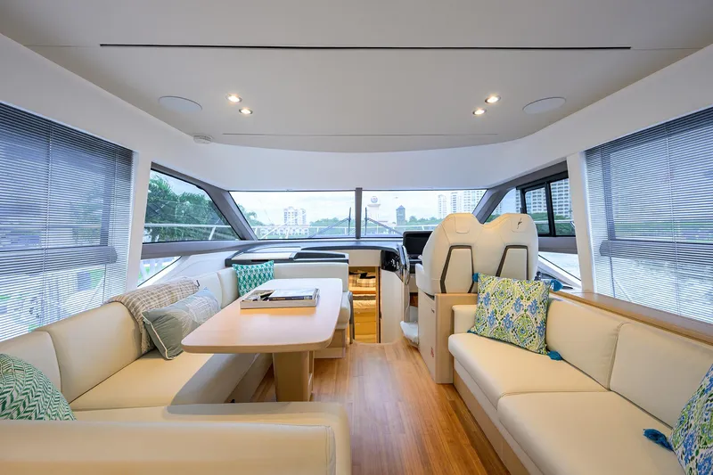  Yacht Photos Pics Luxurious interior of 2022 Princess F50 yacht with elegant seating and modern design.