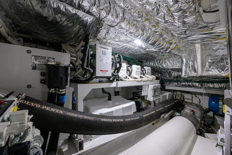  Yacht Photos Pics Engine room of 2022 Princess F50 yacht with Volvo Penta components and insulation.