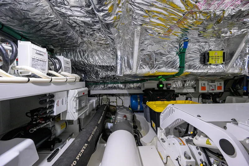  Yacht Photos Pics Engine room of 2022 Princess F50 yacht with advanced equipment and insulation.