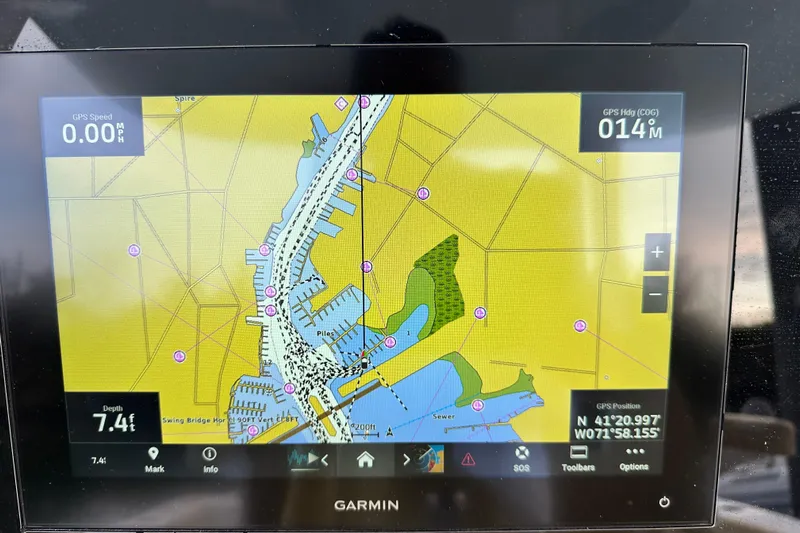  Yacht Photos Pics Garmin GPS display on 2023 Sportsman Open 282 Center Console, showing navigation map and coordinates.