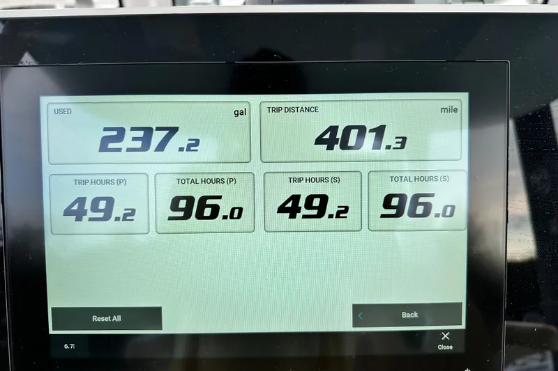  Yacht Photos Pics Display screen showing fuel usage and trip data for 2023 Sportsman Open 282 Center Console.