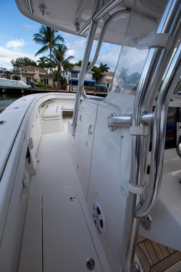 Bandit Yacht Photos Pics 2018 Jupiter 38 FS boat deck with sleek design and stainless steel railings.