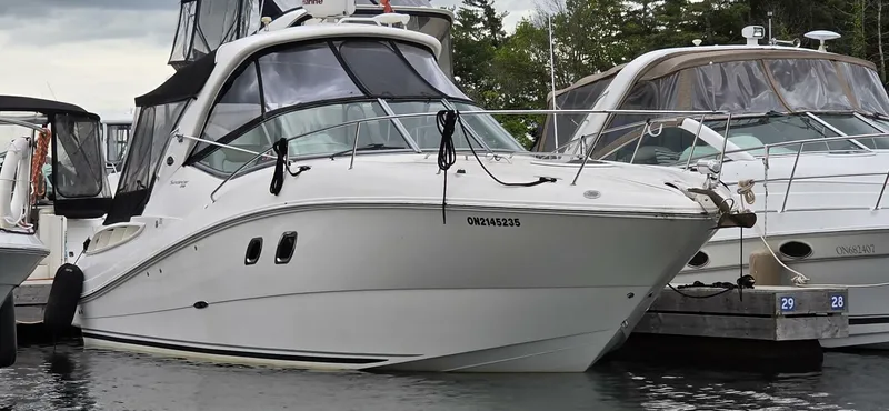  Yacht Photos Pics 2009 Sea Ray 310 Sundancer docked at marina, side view.