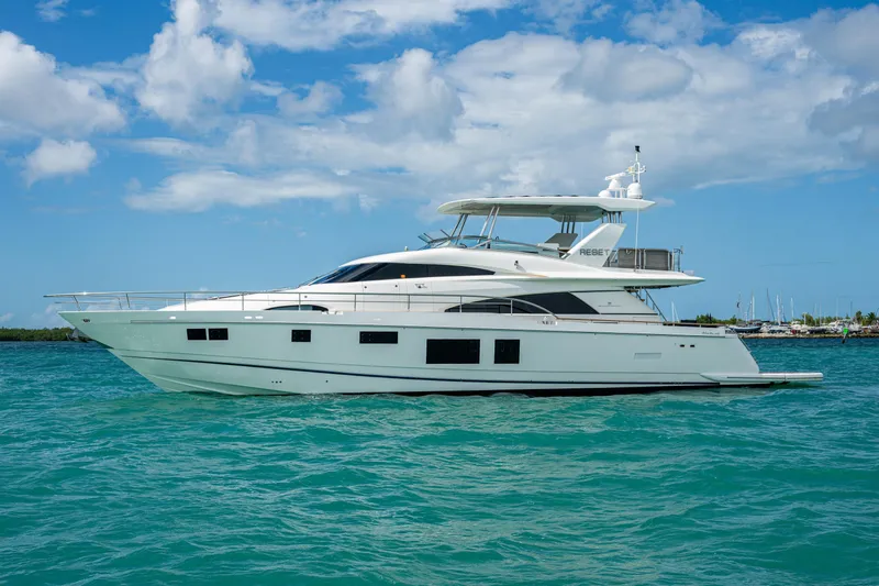 Reset Yacht Photos Pics Luxury 2015 Fairline 78 Squadron yacht on turquoise water under blue sky.