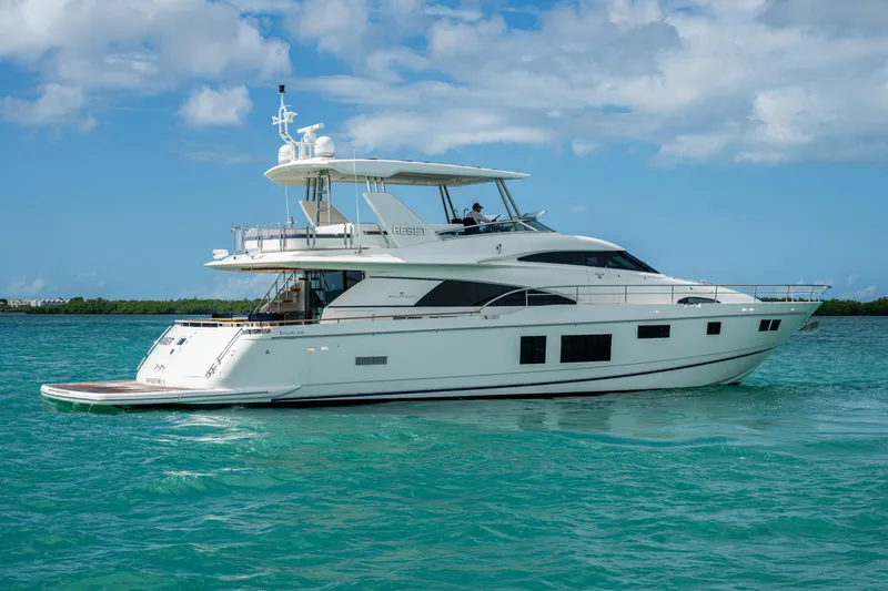 Reset Yacht Photos Pics Luxury 2015 Fairline 78 Squadron yacht cruising on turquoise waters under blue skies.