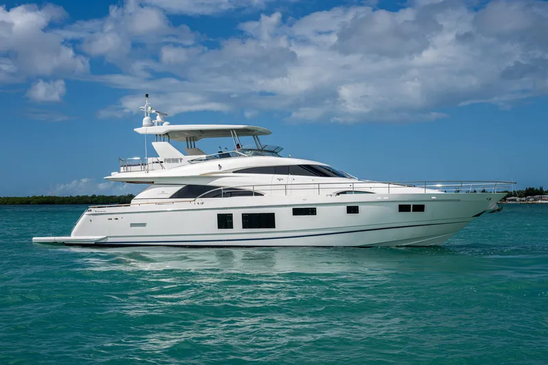 Reset Yacht Photos Pics Luxury Fairline 78 Squadron yacht cruising on turquoise waters, 2015 model.