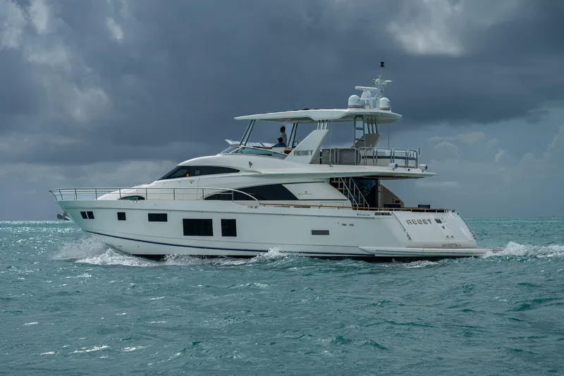 Reset Yacht Photos Pics 2015 Fairline 78 Squadron yacht cruising on turquoise waters under cloudy skies.