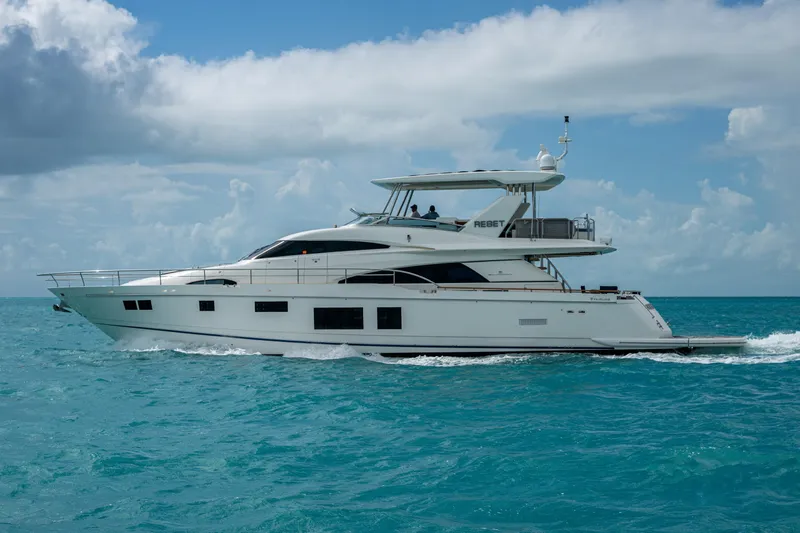Reset Yacht Photos Pics Luxury 2015 Fairline 78 Squadron yacht cruising on turquoise ocean waters.