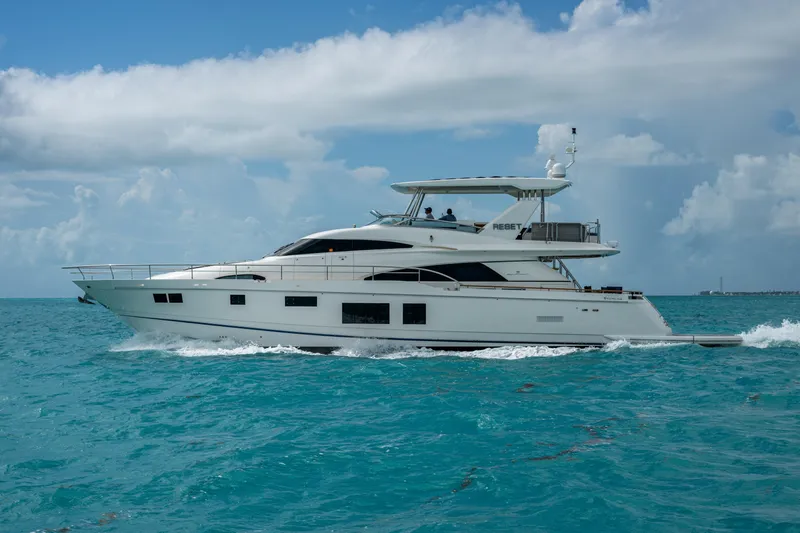 Reset Yacht Photos Pics Luxury Fairline 78 Squadron yacht cruising on turquoise waters, 2015 model.