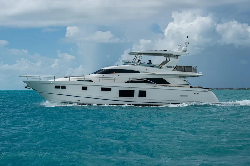 Reset Yacht Photos Pics Luxury Fairline 78 Squadron yacht cruising on turquoise waters, 2015 model.