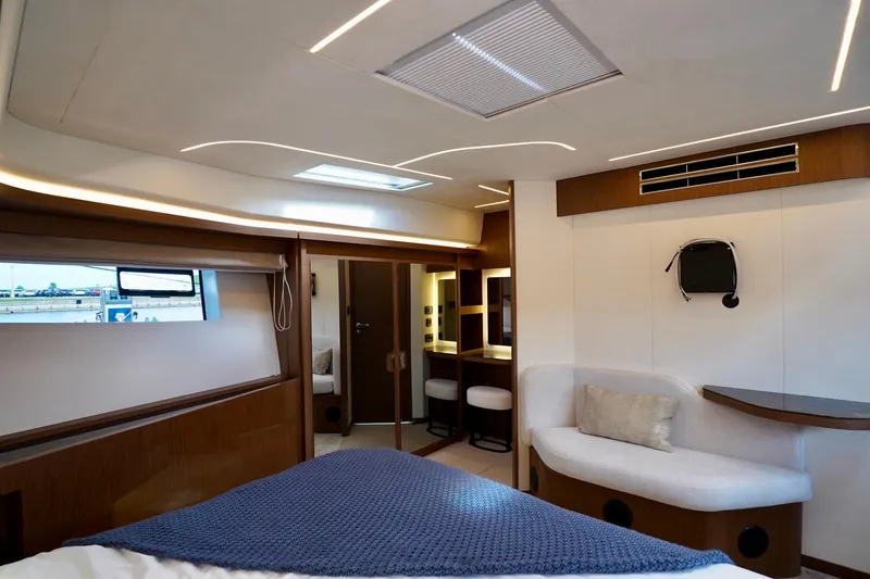  Yacht Photos Pics Luxurious interior of 2025 Prestige F5.7 yacht with modern design and elegant furnishings.