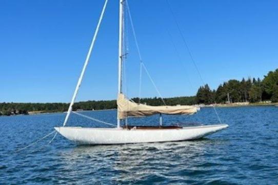 2010 Rustler 24 sailboat on calm water with clear blue sky.