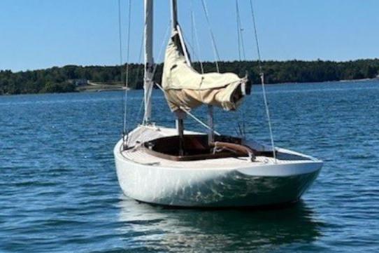 Sailboat on calm water, Rustler 24, 2010 model, with forested shoreline in background.