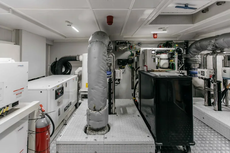 Papillon Yacht Photos Pics Engine room of 2022 Bering 92 yacht with Kohler generator and advanced equipment.