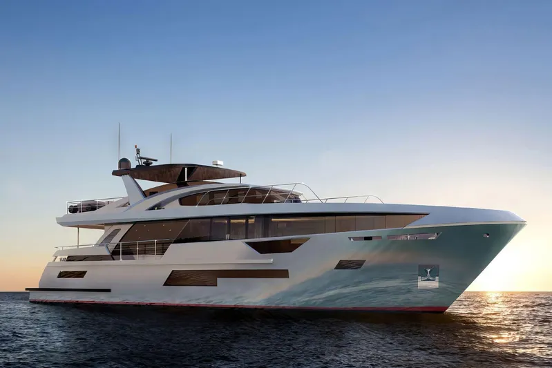 Papillon Yacht Photos Pics Luxurious 2022 Bering 92 yacht cruising at sunset on calm ocean waters.