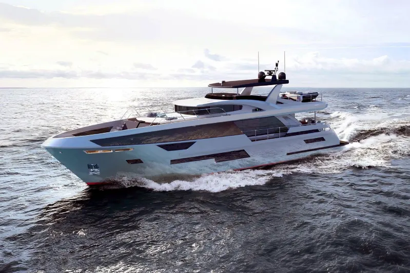 Papillon Yacht Photos Pics Luxury 2022 Bering 92 yacht cruising on open sea under clear sky.