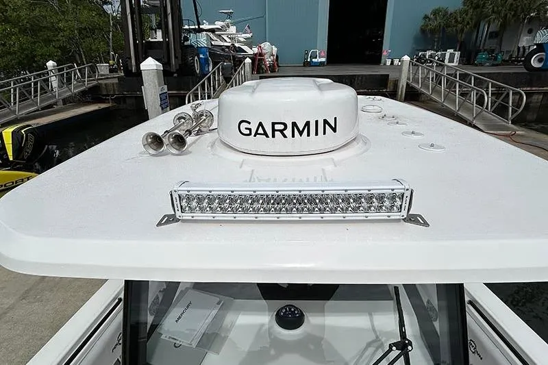  Yacht Photos Pics 2025 Fountain 38 Center Console boat with Garmin radar and LED light bar.