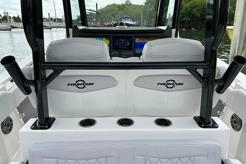  Yacht Photos Pics 2025 Fountain 38 Center Console boat interior with sleek seating and advanced navigation displays.