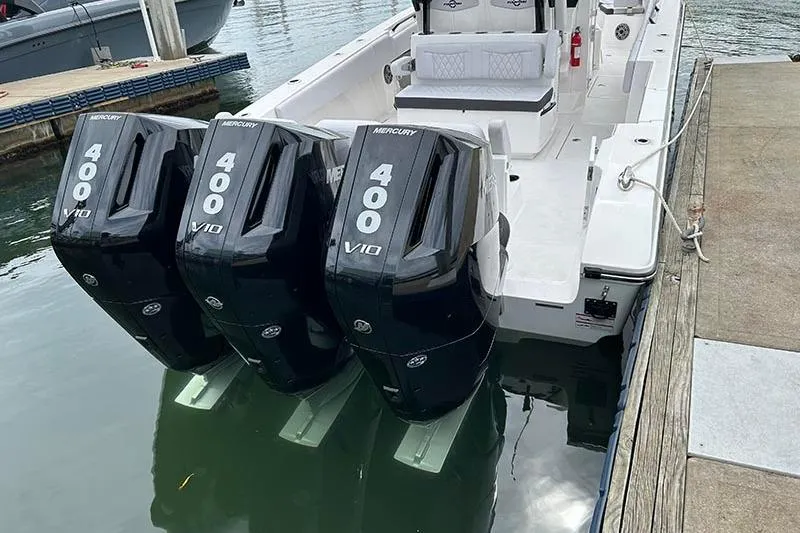  Yacht Photos Pics 2025 Fountain 38 Center Console with triple Mercury 400 V10 engines docked.