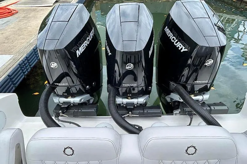  Yacht Photos Pics Triple Mercury Verado engines on a 2025 Fountain 38 Center Console boat.