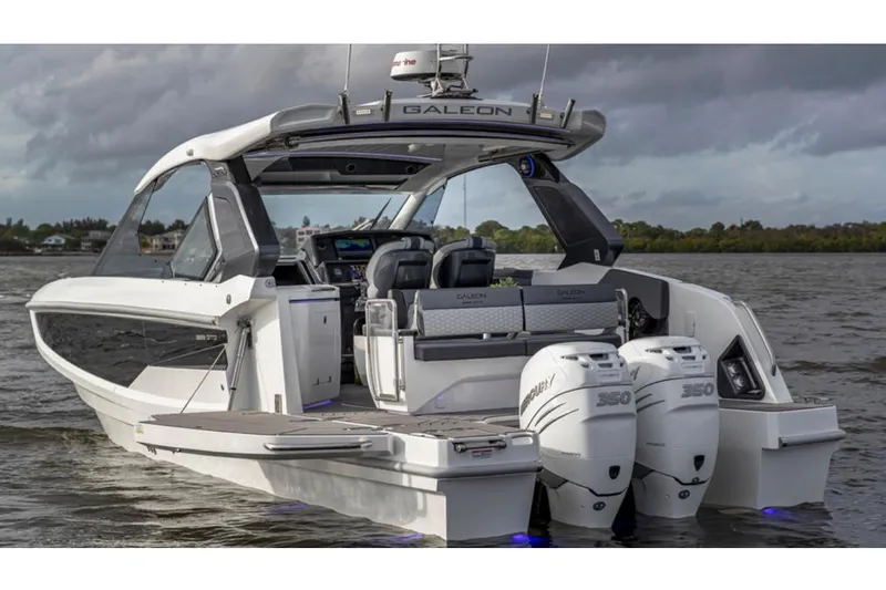  Yacht Photos Pics Manufacturer Provided Image: 2024 Galeon 325 GTO luxury motor yacht with twin Mercury 350 engines on water.
