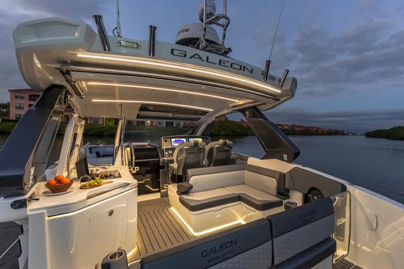  Yacht Photos Pics Manufacturer Provided Image: 2024 Galeon 325 GTO luxury yacht interior with ambient lighting at dusk.