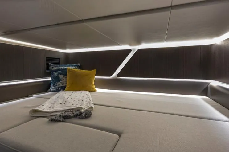  Yacht Photos Pics Manufacturer Provided Image: 2024 Galeon 325 GTO cabin interior with modern lighting and cozy bedding.