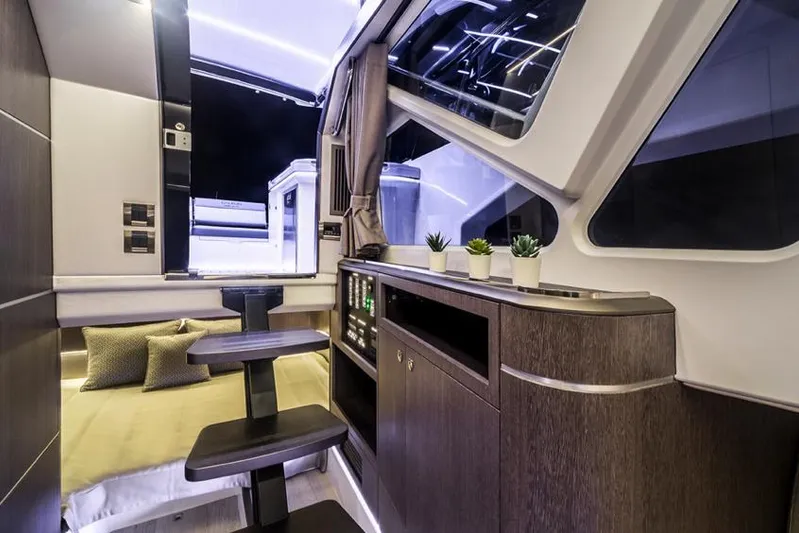  Yacht Photos Pics Manufacturer Provided Image: Interior of 2024 Galeon 325 GTO yacht with modern design and cozy sleeping area.